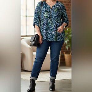 Notations Blue and Green zipper Front 3/4 Sleeve Blouse